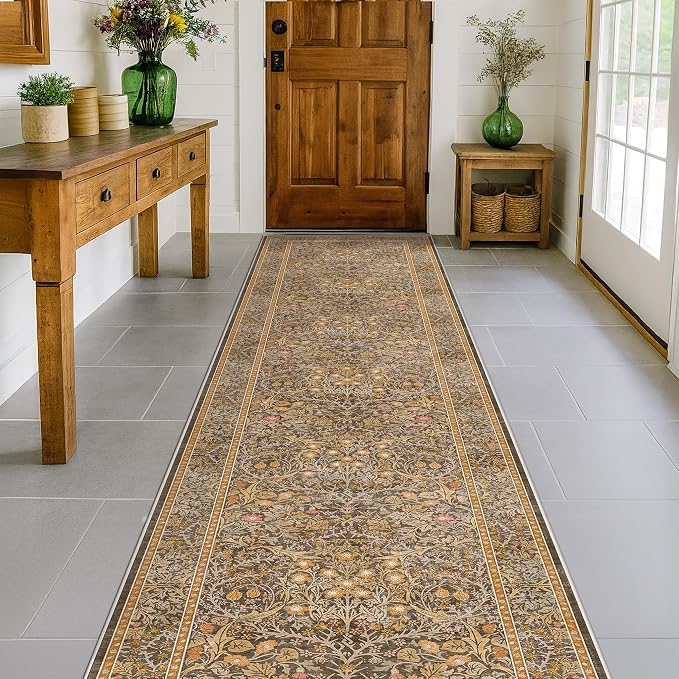 3x10 Long Runner Rugs for Hallway Non Slip, Geometric Floral Design Washable 10ft Oriental Rug for Entryway, Kitchen, Vintage Indoor Décor, Brown Low Pile Stain Resistant Carpet