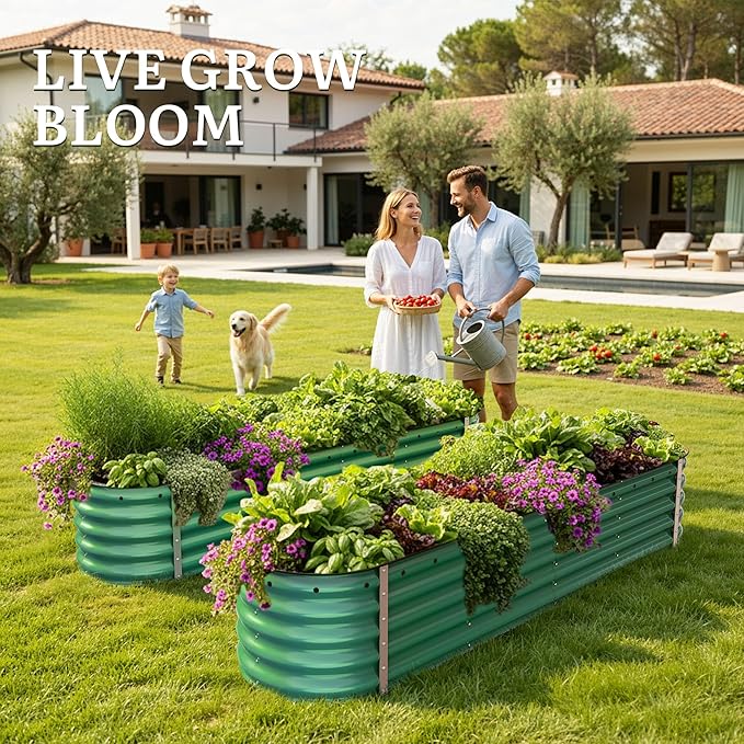 YITAHOME 17" Tall 9 in 1 Large Raised Garden Bed Kit, 8x2x1.5ft Galvanized Metal Planter Box with Gloves & Safety Rubber, Outdoor Above Ground Planters for Plants Vegetables Flowers, Green