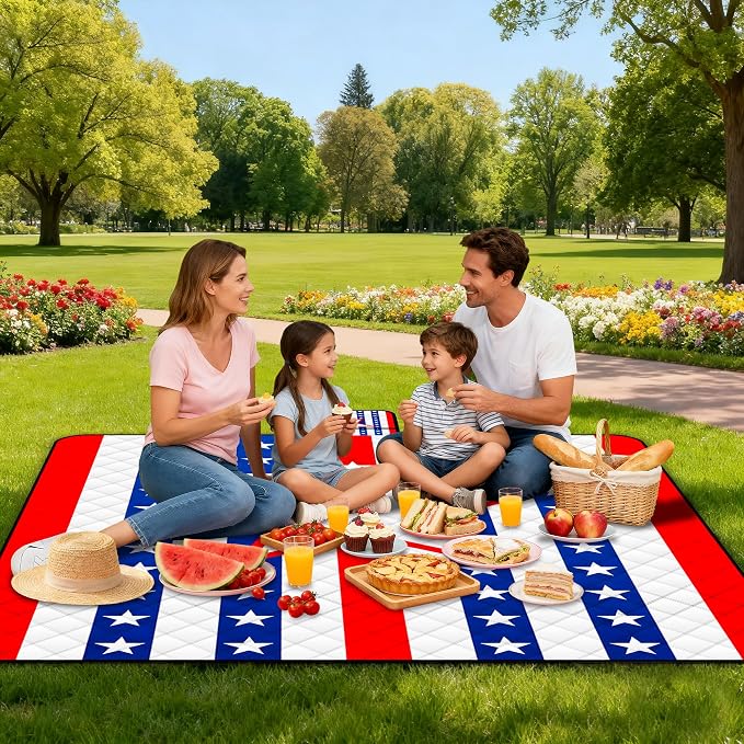 Poedist Extra Large Picnic Blanket Waterproof,80"x 80"Foldable Machine Washable Beach Blanket,Outdoor Blanket for 6-8 Adults, for Indoor Crawling,Park Beach,Camping,Hiking,Family Travel(Patriotism)