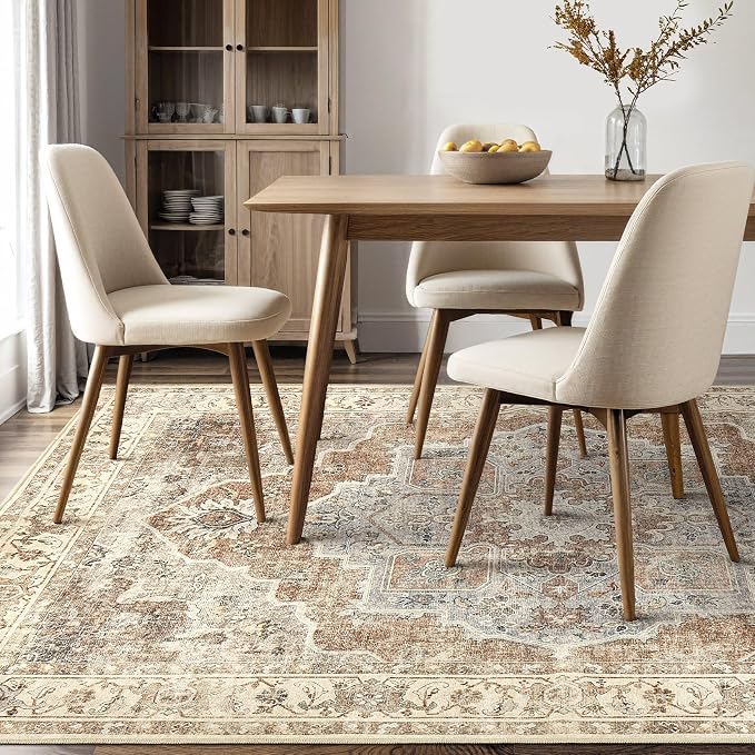 8x10 Washable Area Rug: Vintage Neutral Soft Non Slip Thin Large Floor Carpet for Living Room Bedroom Kitchen Dining Room Home Office Farmhouse Indoor - Grey Brown