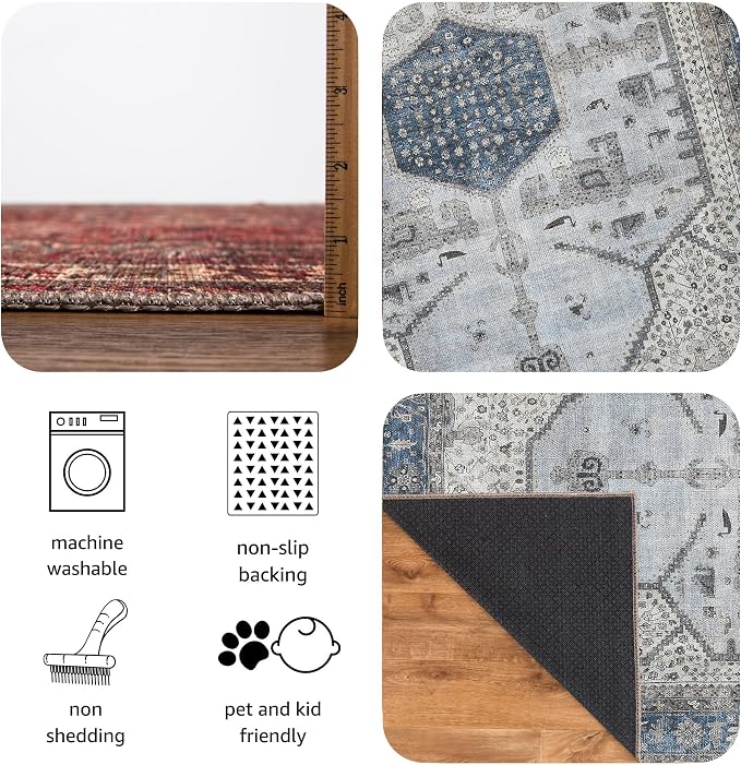 Keen Home Design Vintage Washable Area Rug, Non-Slip Low Pile, 5x7 | Machine Washable Cotton Chenille, 0.25In Low Pile, Rubber Non-Slip Back; Living Room, Bedroom, Dining Room, Office