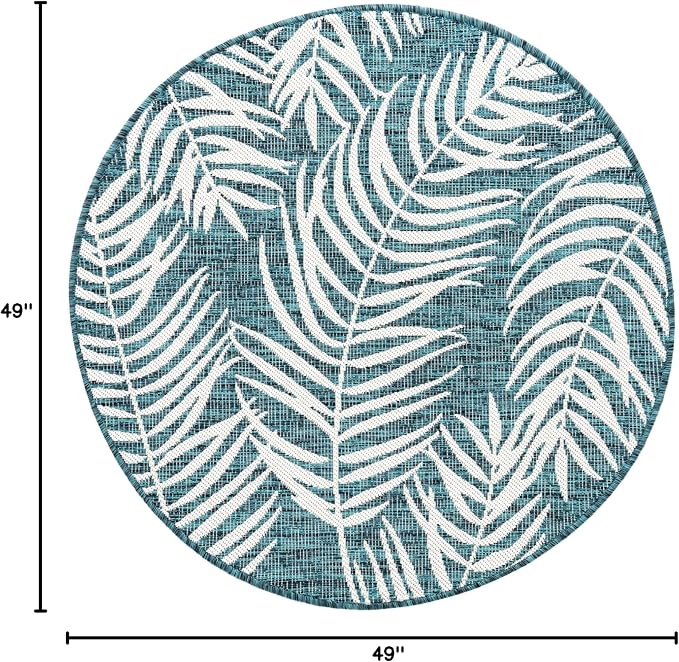 Unique Loom Outdoor Botanical Collection Area Rug - Palm (4' 1" Round, Teal/ Ivory)