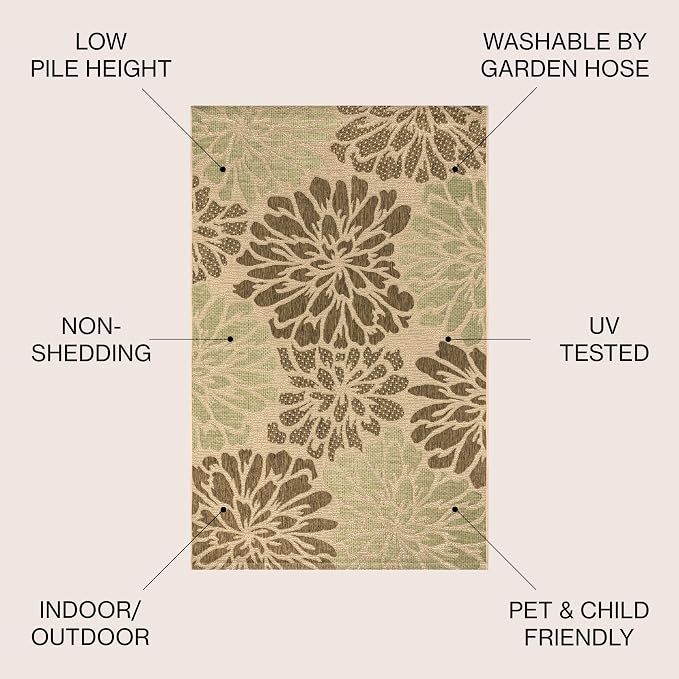JONATHAN Y Floral Textured Weave Indoor Outdoor Area Rug 8X10 Sage/Brown, Zinnia Modern for Backyard, Patio, Porch, Easy-Cleaning, High Traffic, Pet-Friendly, Non-Shedding (SMB110A-8)