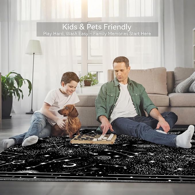 Nayoroom Celestial Starry Night Black Area Rug, Machine Washable, 8 x 10 ft | Moon phases and star motifs; Gothic black palette; Soft surface; Machine washable; Non-slip backing; Bedroom or living room