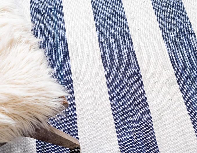Unique Loom Chindi Rag Collection Area Rug - Striped (2' 2" x 10' Runner, Navy Blue/ Ivory)