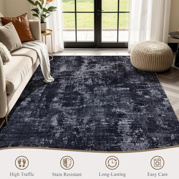 Sasttie 9x12 Washable Area Rug, Modern Abstract Large Carpet, Black & Grey | OEKO-TEX Certified, Ultra-Soft Faux Wool, Low Pile, Non-Slip, Lightweight, Thin, for Living Room, Bedroom, Dinning Room