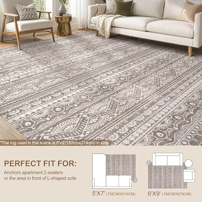 Tortania Area Rug Living Room Rugs - 5x7 Washable Large Soft Neutral Boho Moroccan Bohemian Farmhouse Rug Indoor Floor Carpet for Bedroom Under Dining Table Home Office Decor - Dark Brown