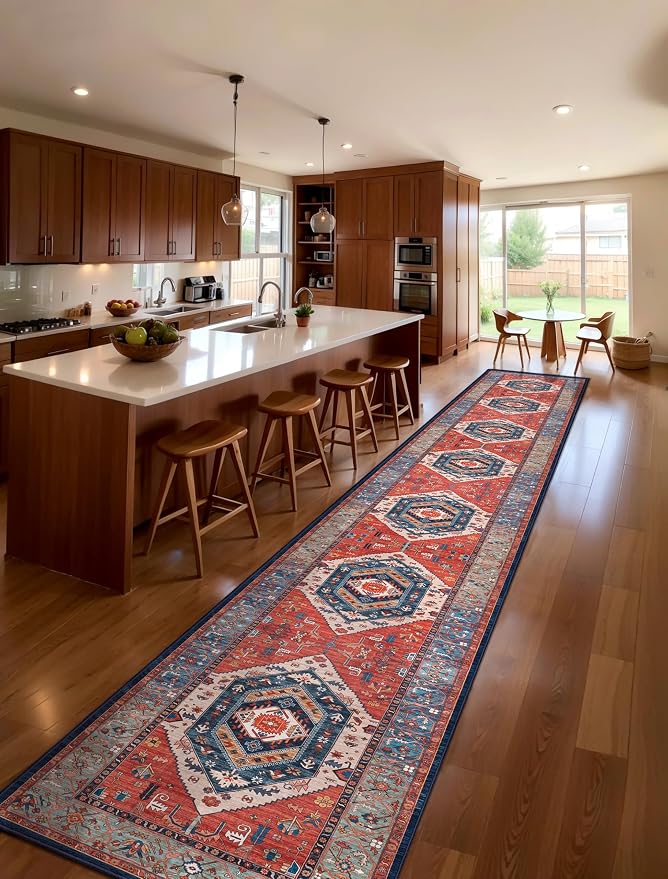 SERISSA 2'6"x18' Washable Non Slip Boho Runner Rug for Hallway，Rust | Ultra Soft Vintage Oriental Carpet Low-Pile Extra Long Tribal Floor Carpet for Kitchen Bedroom Entryway Bathroom Laundry Room