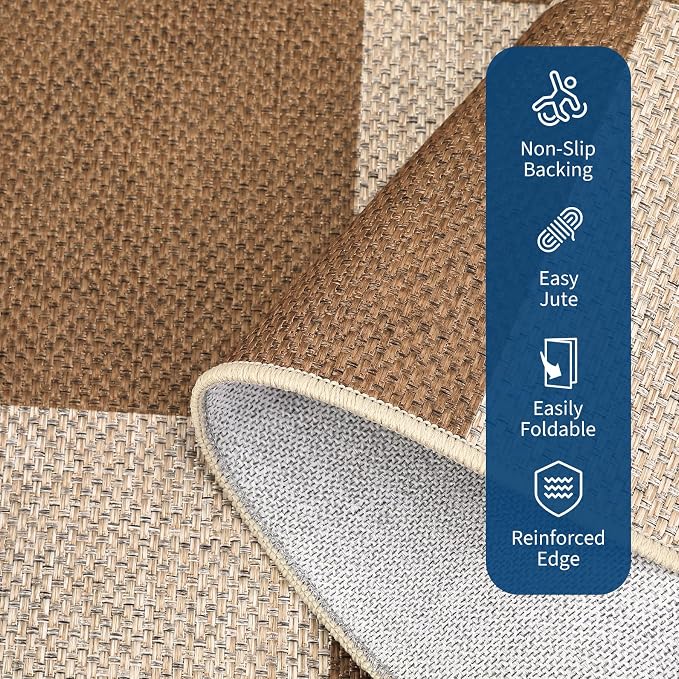 Garvee Easy Jute Outdoor Rug 5x7 Washable Modern Checkered Rugs，Brown | Living Room Non-Slip Farmhouse Checkered Outdoor Mat Neutral Floor Carpet for Bedroom Patio Dining Room Backyard