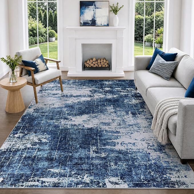 5x7 Washable Area Rug Modern Abstract for Living Room Bedroom Deep Blue | Soft Indoor Carpet,Anti-skid Backing,Water Repellent,Non-shedding, Suitable for bedroom dining farmhouse nursery home office