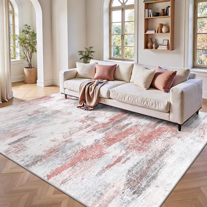 5x7 Rugs for Living Room - Modern Abstract Washable Rug, Ultra Soft Non Slip Low Pile Large Rugs, Floor Carpet for Bedroom Dining Room Office Laundry Nursery Home（Pink & Grey）