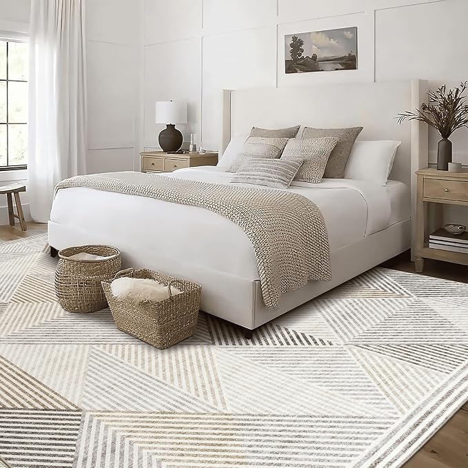Machine Washable Area Rug Runner - Living Room Bedroom Bathroom Kitchen Entryway Office - Padded Low Pile Stain Resistant Premium - Modern Geometric Contemporary - Miles - Beige 3' x 5'