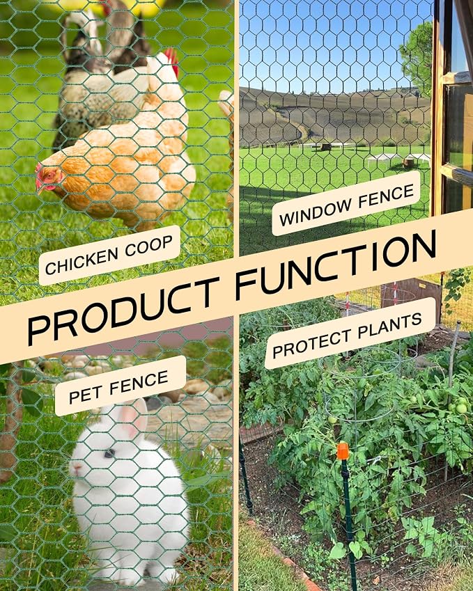 Chicken Wire 15.7in x 393.7in with a Pair of Gloves，1 Wire Cutter，100 Pcs Cable Zip Ties, Floral Chicken Wire Mesh 0.8in Hexagonal Galvanized PVC Coated Garden Netting Fence for Craft Poultry Garden
