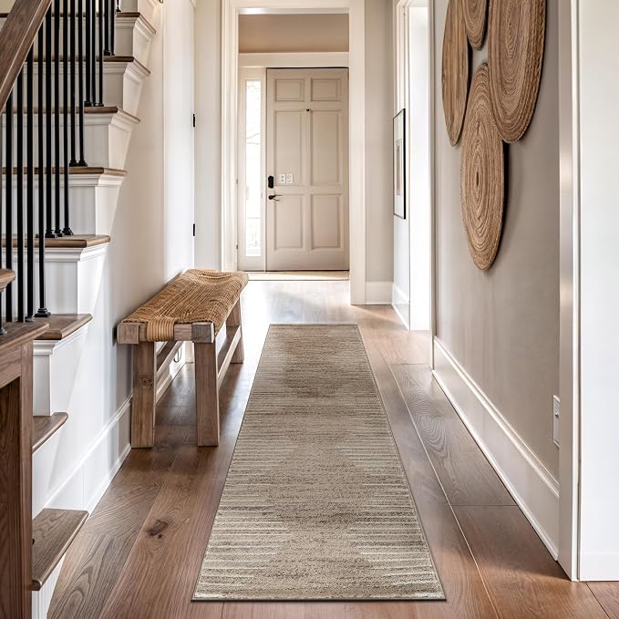 Rugshop Bohemian Stripe Stain Resistant Runner Rug Beige 2' x 7' | High Traffic, Rectangular, Size 2' x 7', Living Room, Bedroom, Dining Room, Home Office, Kitchen, Entryway, Hallway, Nursery