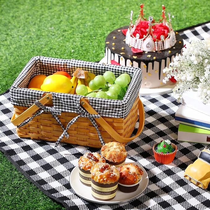 Patelai Wicker Picnic Basket Natural Hand Woven Basket with Double Folding Handles, Willow Hamper Baskets with Blanket for Outdoor Picnic Summer Spring Camp Family(Black and White Grid)