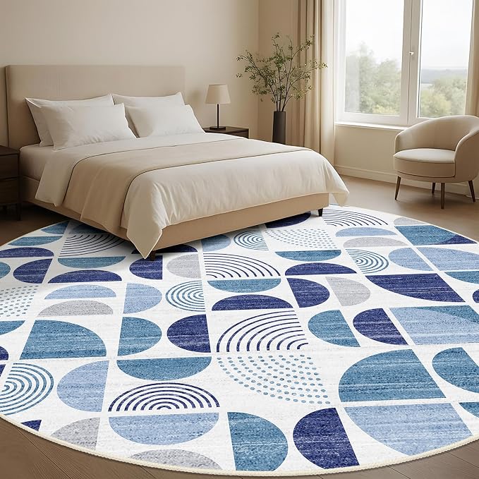 Round Rugs 9ft,Circle Area Rug Washable Non Slip Modern Abstract | Large Circular Rugs for Living Room Dining Room Boho Throw Carpet Soft Low Pile Floor Indoor Bohemian Navy Blue