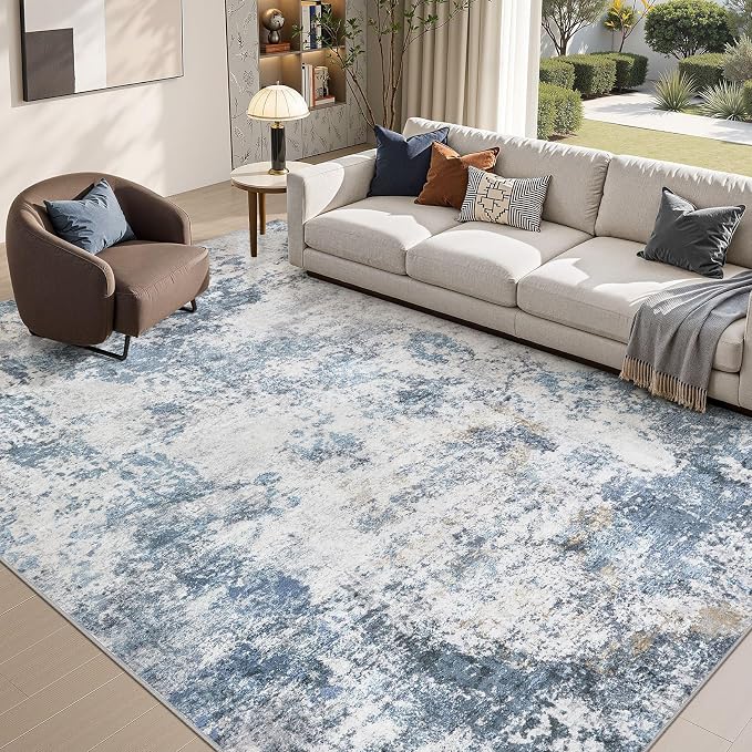 DMOYEST 8x10 Area Rug for Living Room Washable Abstract Indoor Carpet | Neutral Modern Low Pile Rugs Kid & Pet Friendly Large Soft Thin Carpet for Bedroom Dining Room - Blue