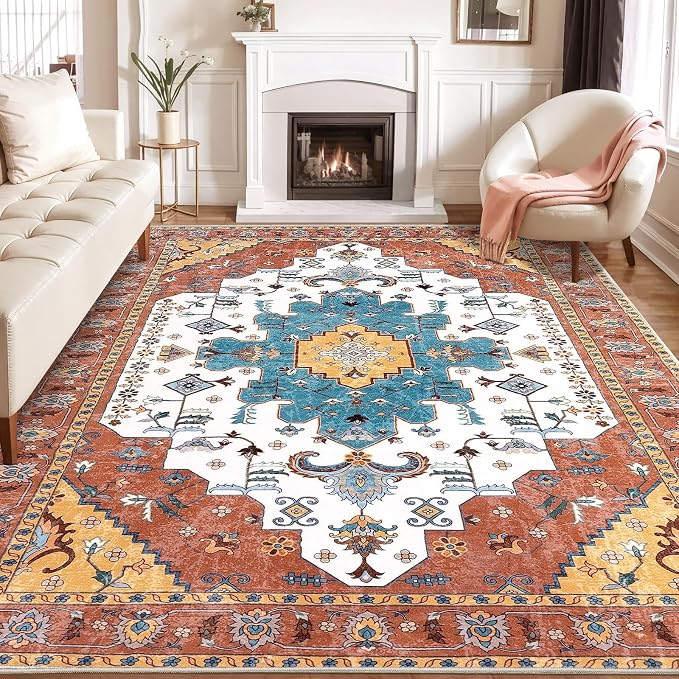 SERISSA 8x10 Washable Non Slip Boho Area Rug for Living Room，Orange | Ultra Soft Vintage Oriental Carpet Low-Pile Distressed Tribal Throw Carpet for Dining Room Bedroom Dorm Office Home Decor