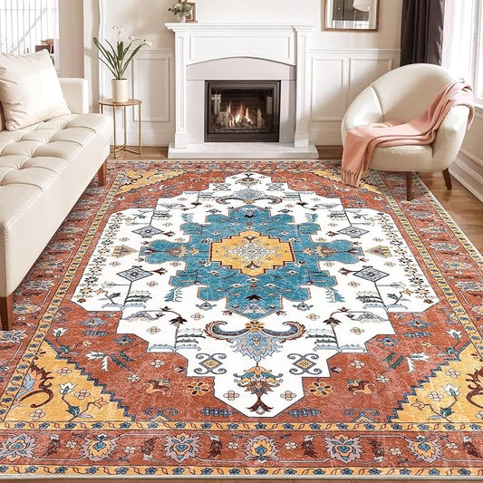 SERISSA 8x10 Washable Non Slip Boho Area Rug for Living Room，Orange | Ultra Soft Vintage Oriental Carpet Low-Pile Distressed Tribal Throw Carpet for Dining Room Bedroom Dorm Office Home Decor
