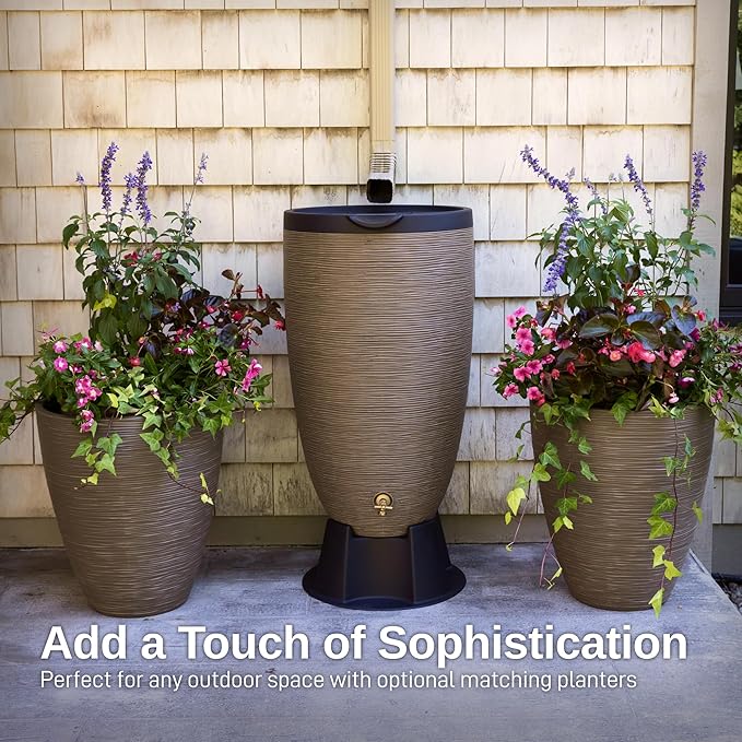 RTS Home Accents 50-Gallon Newport Rain Barrel with Stand and Removable Lid, Sandstone Color