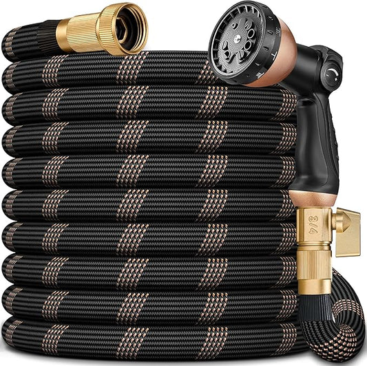 Garden Hose 150FT, Lightweight Flexible Water Hose, 5/8" Kink Free Leak Proof Hose, Heavy Duty 96-Layer Woven with 3/4" Brass Fittings, 10 Function Nozzle for Yard Lawn Outdoor Car Wash(BlackRosegold)