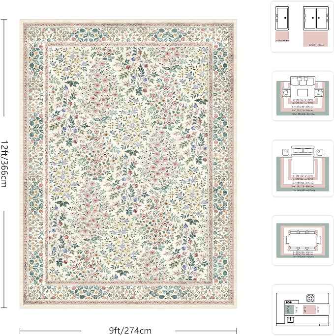9x12 Area Rugs, Machine Washable Low Pile Floral Rugs for Living Room, Bedroom, Large Boho Area Rug with Non-Slip Backing for Dining Room(Pink Floral)