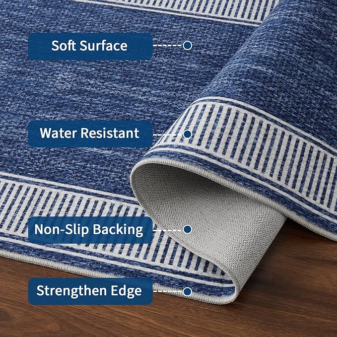 GarveeHome Hallway Runner Rug 2x10 Washable Non Slip Kitchen Runner Carpets | Stain Resistant Modern Bordered Blue Rugs for Bathroom Living Room Bedroom, Blue