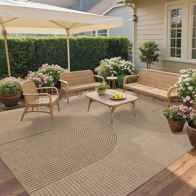 Easy Jute Rug 8x10 Outdoor: Natural Area Rugs for Patio Linen-Look Durable - Neutral Large Washable Carpet for Living Room Bedroom Dining Room Non-Slip - Geometric Arch Pattern