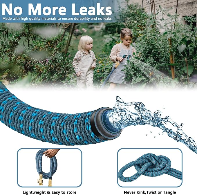50FT Garden Hose -2026 Newly Upgraded Expandable Garden Hoses with 10 Function Spray Nozzle, Extra Strength Fabric, Pure Brass 3/4'' Fittings, Leak-Proof, Lightweight, Kink-Free Hose(Gray Blue)