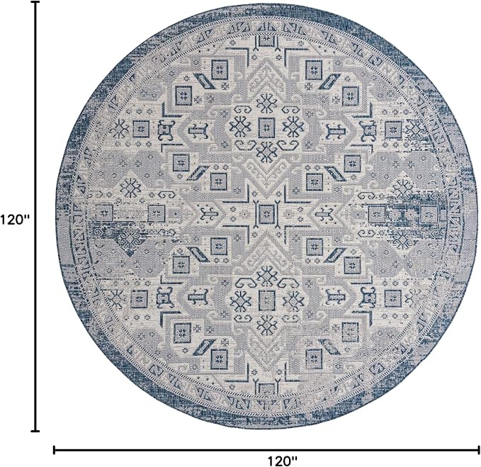 Unique Loom Outdoor Aztec Collection Area Rug - Coba (10' Round, Blue/ Ivory)