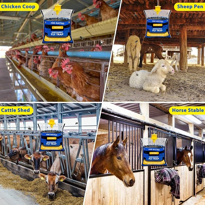 8 Pack Fly Traps Outdoor Hanging for Patio, Outdoor Disposable Hanging Fly Trap with 30g Bait, Bug Fly Hunter Catcher Killer Control for Barn Horse Ranch Chicken Coop