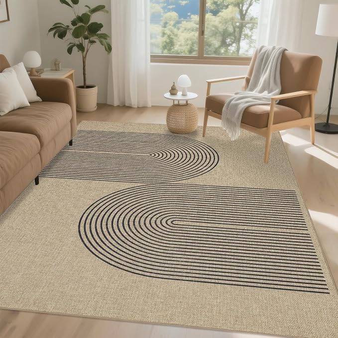 Easy Jute Rug 8x10 Outdoor: Natural Area Rugs for Patio Linen-Look Durable - Neutral Large Washable Carpet for Living Room Bedroom Dining Room Non-Slip - Black Stripes