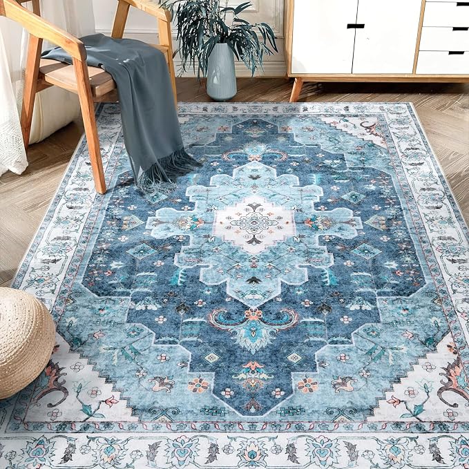 SERISSA 5x7 Washable Non Slip Boho Area Rug for Living Room | Ultra Soft Vintage Oriental Carpet Low-Pile Distressed Vintage Blue Throw Carpet for Bedroom Dining Room Dorm Office Home