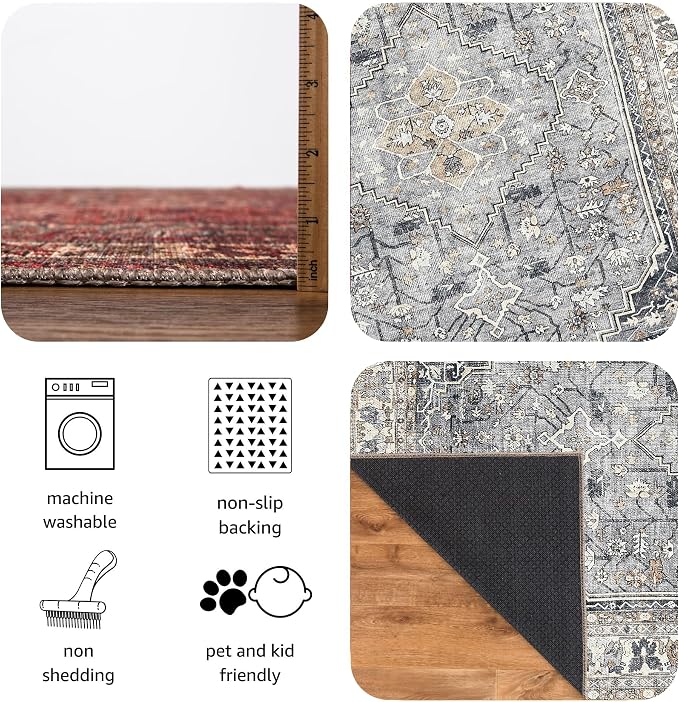 Keen Home Design Vintage Washable Runner Rug, Non-Slip Low Pile, 2x12 | Machine Washable Cotton Chenille, 0.25In Low Pile, Rubber Non-Slip Back; Hallway, Kitchen, Dining Room, Entryway
