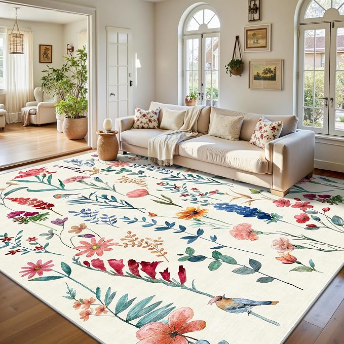 8x10 Area Rugs, Machine Washable Low Pile Floral Rugs for Living Room, Bedroom, Large Area Rug with Non-Slip Backing for Dining Room(Beige Floral)