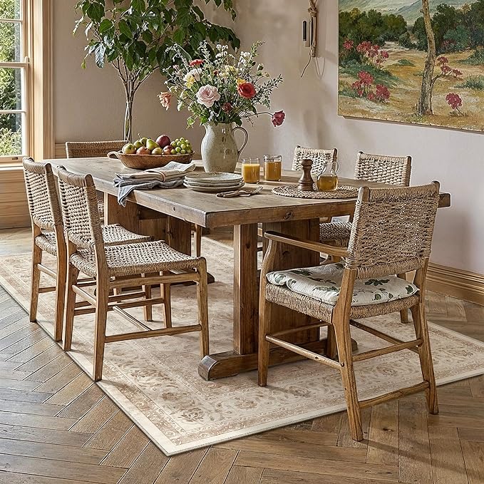 6x9 Beige Washable Area Rug Non Slip Vintage Carpet | Low Pile, Stain Resistant, Playroom, Living Room, Bedroom, Office, Dining Room, Soft, Large, Lightweight