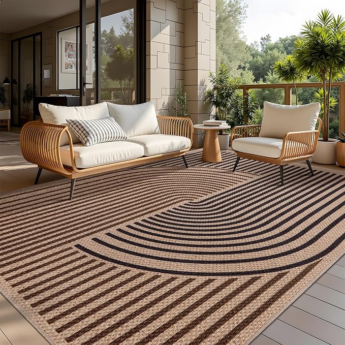 Tangsoo Rainbow Easy Jute Rug 5x7 Large Washable Area Rug for Dining Room Table,Non-Slip Thin Dark Brown Indoor Outdoor Rug,Modern Farmhouse Carpet for Living Room Bedroom Patio
