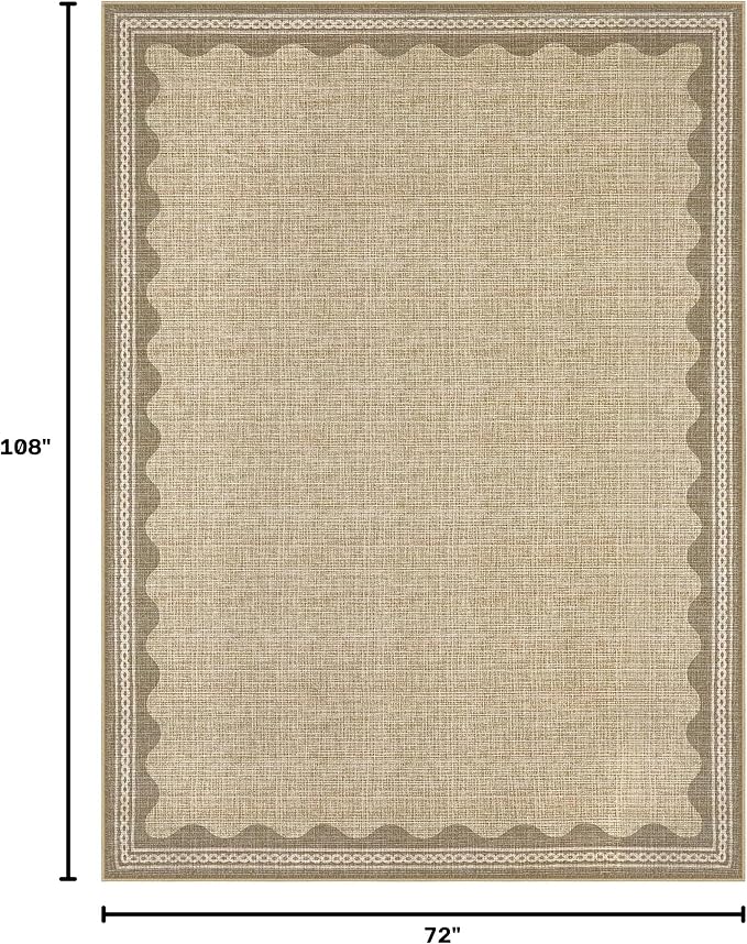 GarveeHome Scalloped Washable Area Rug 6x9 Rugs for Living Room Soft Low-Pile Solid Tan Jute Digital Printing Thin Carpet for Bedroom Dining Nursery Non Slip Mat with Rubber