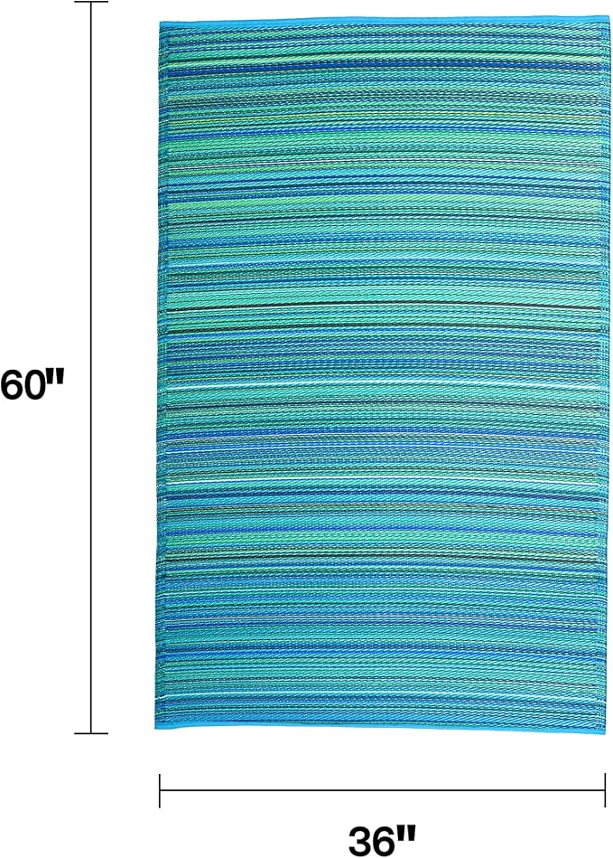 Fab Habitat Outdoor Rug - Waterproof, Fade Resistant, Crease-Free - Premium Recycled Plastic - Striped - Porch, Deck, Balcony, Laundry Room, Patio - Cancun - Turquoise & Moss Green - 3 x 5 ft