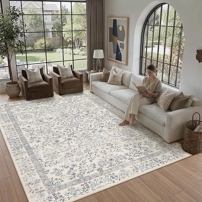 8x10 Blue Floral Area Rug Vintage Farmhouse Style | Washable, Non Slip, Soft Low Pile, Indoor Carpet for Living Room, Bedroom, Dining Room, Botanical Decor
