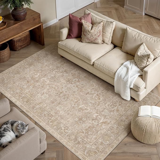 Brown 3x5 Washable Area Rug Entryway Vintage Distressed Doormat | Soft Low Pile, Non Slip, Stain Resistant, Retro Accent Decor for Living Room, Bathroom, Hallway, Bedroom, Office, Kids Room