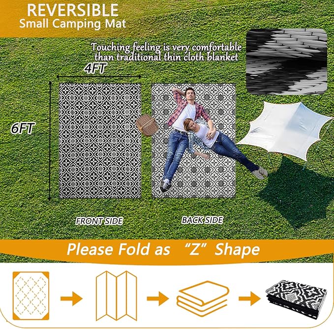 Alfolo Outdoor Rug Waterproof 4x6 Outdoor Mat Small Porch Balcony Rug,Reversible Plastic Straw Rug for Camping Black and White Outdoor Mats for Patio, Deck, RV, Camping, Beach, Backyard