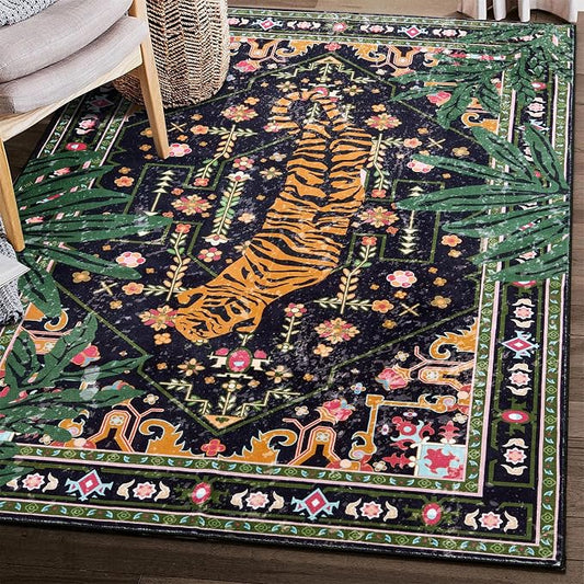 Oriental Tropical Washable Rugs, Black Boho Vintage Distressed Hippie 8x10 Area Rugs for Bedroom Living Room Office Dorm, Abstract Botanical Tribal Indian Accent Dining Room Large Carpet
