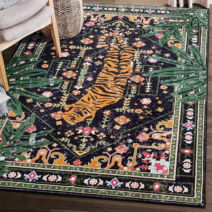 Oriental Tropical Indoor Door Mat Washable, Thin Black Boho Vintage Distressed Hippie 3x5 Throw Rugs for Bedroom Bathroom Kitchen Non-Slip Abstract Botanical Tribal Indian Entryway Carpet