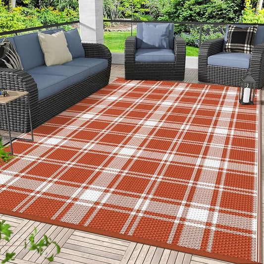 GENIMO Waterproof Outdoor Rug for Patio Clearance, 6'x9' Reversible Plastic Straw Rugs, Lightweight RV Camping Mat for Camper, Balcony, Deck, Backyard, Picnic, Orange White Plaid