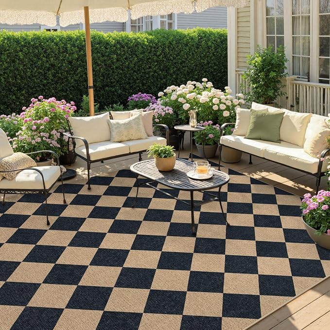 Lahome Colette Checkered Easy Jute Outdoor Rug, Large 6x9 Rug for Living Room Checkerboard Indoor Outdoor Carpet, Farmhouse Patio Office Mat Geometric Non Slip Black Carpet for Backyard Dining Room