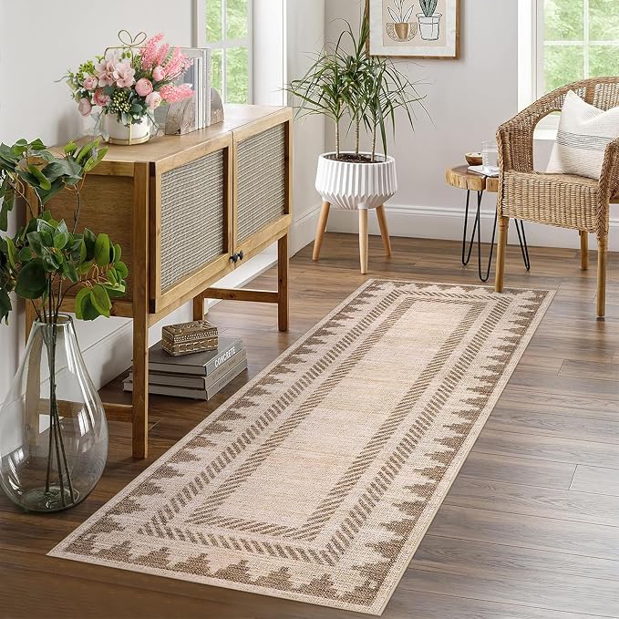 GarveeHome Modern Geometric Runner Rug 2x6 Washable Hallway Runner Unique Bordered Neutral Bathroom Rug Non Slip, Non Shedding Stain-Resistant Kitchen Mat, Soft Low Pile Neutral Carpet for Laundry,Tan