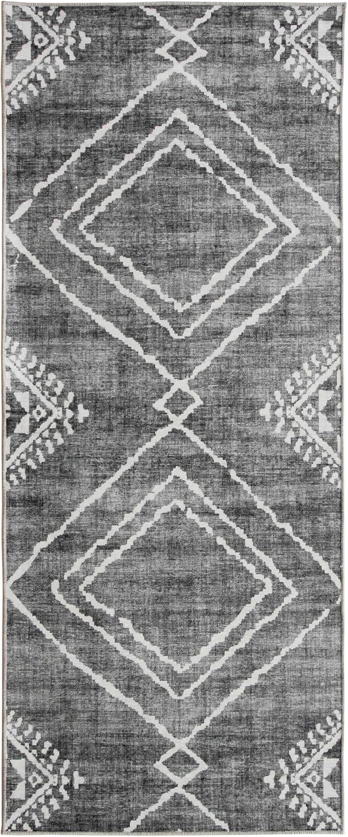 Machine Washable Area Rug Runner - Living Room Bedroom Bathroom Kitchen Entryway Office - Padded Low Pile Stain Resistant Premium - Moroccan Diamond Tribal - Jax - Gray 2'6" x 10'