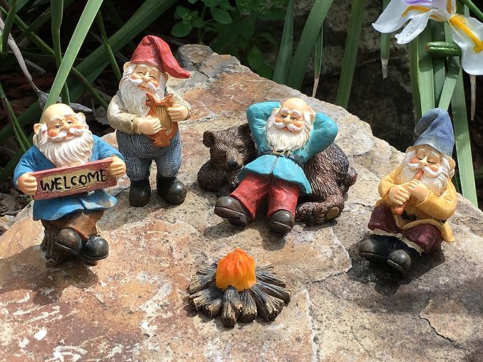 GlitZGlam Happy Gnomes Camp - 6 Piece Garden Gnome Set for The Miniature Fairy Garden