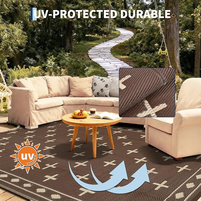 Outdoor Patio Rug 9x18 Waterproof Outside Area Rugs Modern Reversible Plastic Straw Carpet for RV Deck Camping Entryance Porch Picnic Balcony Beach，Brown/Coffee